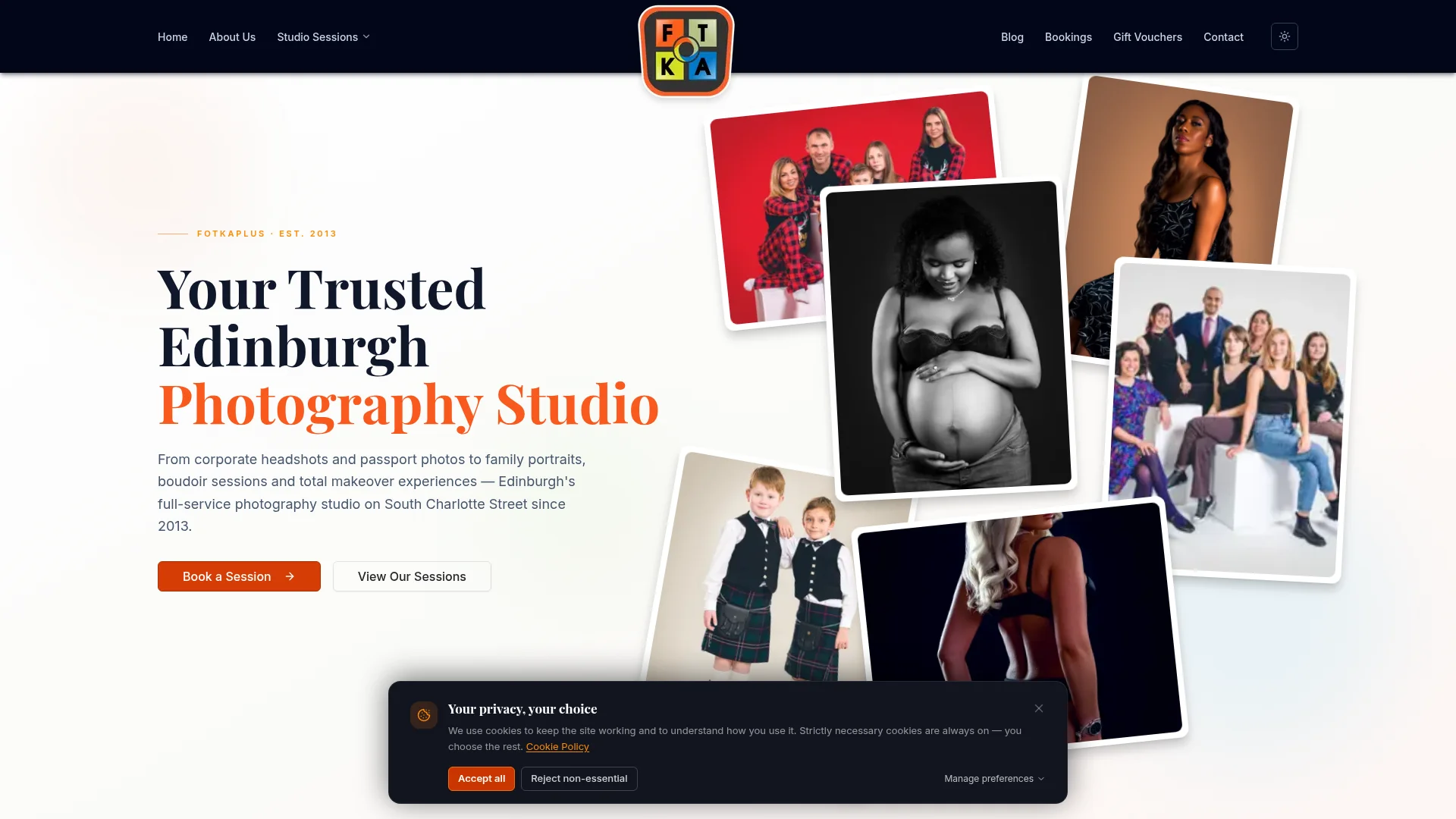 Live Fotkaplus homepage presenting Edinburgh studio photography and a Book a Session link